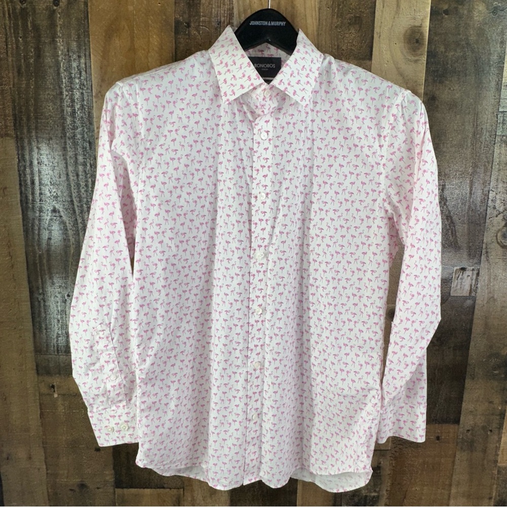 Bonobos Stretch Men's Pink Button Down Shirt Flamingo  Print  Slim Fit 33 16 1/2